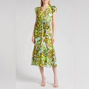 Sam Edelman Landscape Cap Sleeve Green and Brown Pattern Midi Dress EUC Size 12